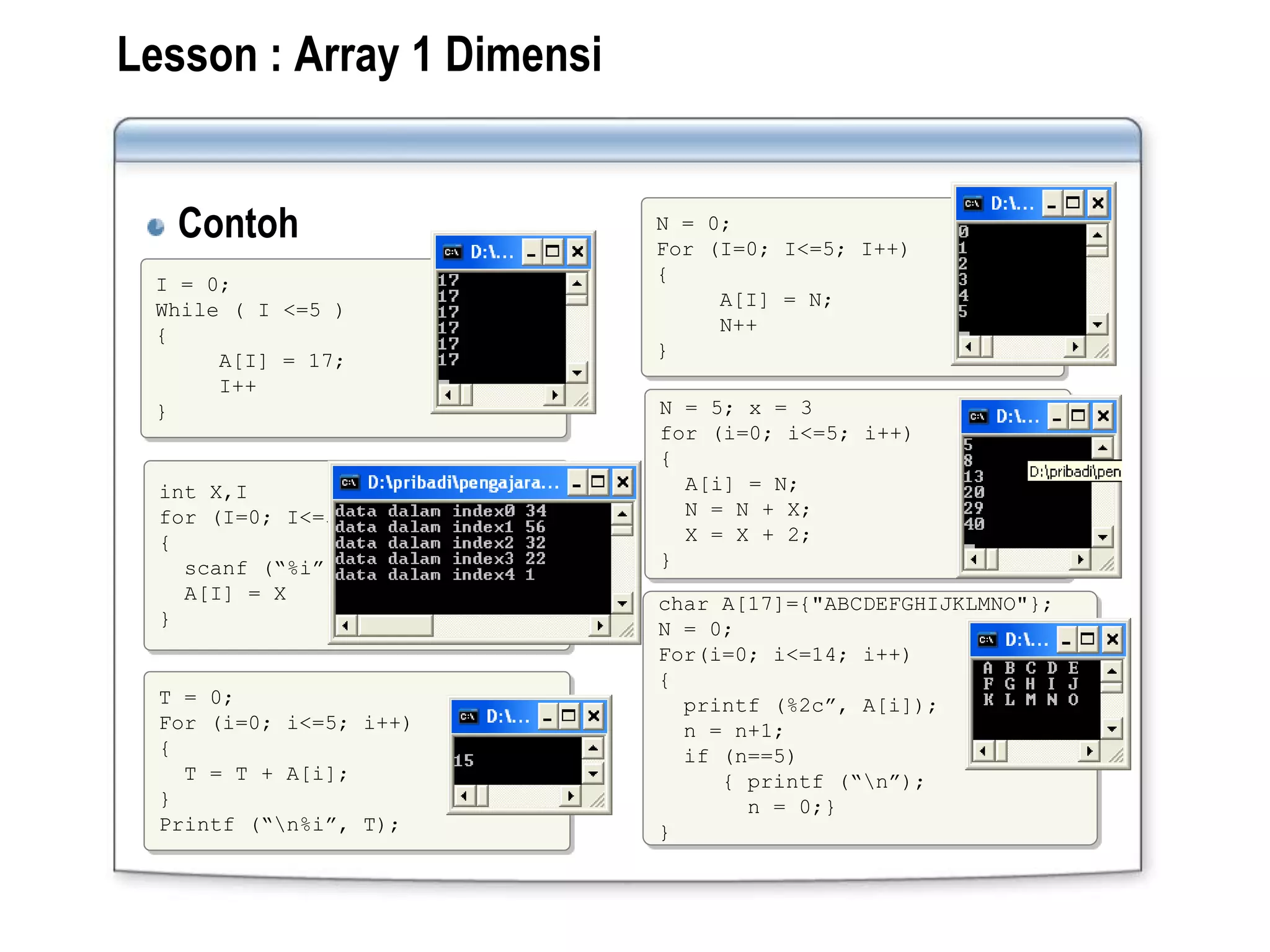 Lesson : Array 1 Dimensi
Contoh
I = 0;
While ( I <=5 )
{
A[I] = 17;
I++
}
N = 0;
For (I=0; I<=5; I++)
{
A[I] = N;
N++
}
int X,I
for (I=0; I<=5; I++)
{
scanf (“%i”, &X);
A[I] = X
}
N = 5; x = 3
for (i=0; i<=5; i++)
{
A[i] = N;
N = N + X;
X = X + 2;
}
T = 0;
For (i=0; i<=5; i++)
{
T = T + A[i];
}
Printf (“n%i”, T);
char A[17]={"ABCDEFGHIJKLMNO"};
N = 0;
For(i=0; i<=14; i++)
{
printf (%2c”, A[i]);
n = n+1;
if (n==5)
{ printf (“n”);
n = 0;}
}
1
2
3
5
4
6
 