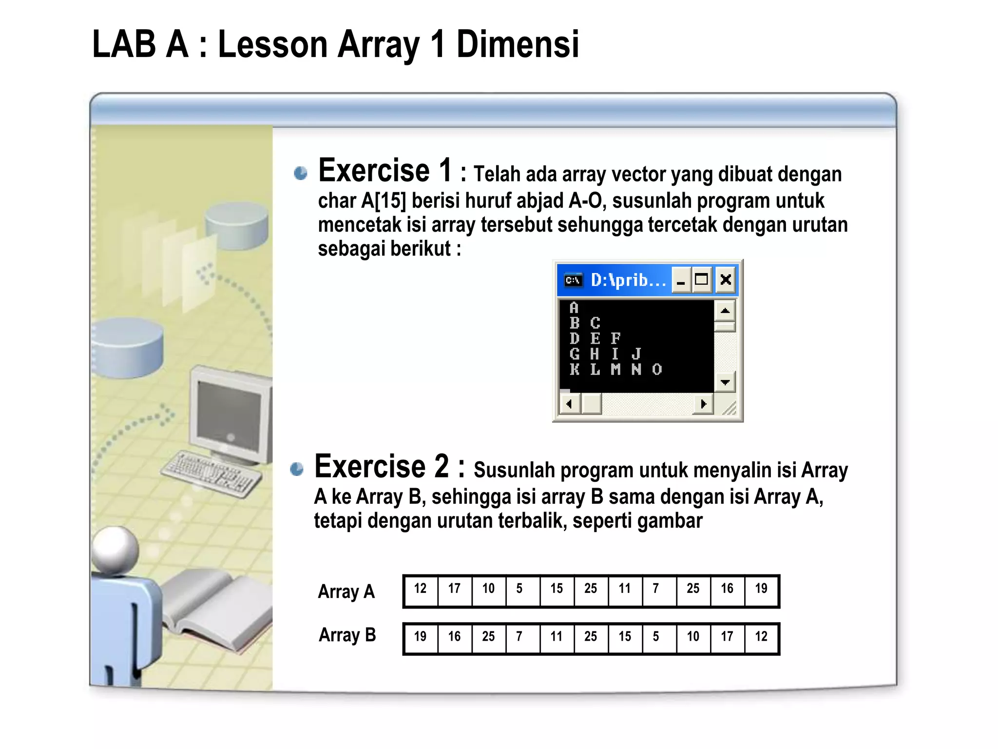 LAB A : Lesson Array 1 Dimensi
Exercise 1 : Telah ada array vector yang dibuat dengan
char A[15] berisi huruf abjad A-O, susunlah program untuk
mencetak isi array tersebut sehungga tercetak dengan urutan
sebagai berikut :
12 17 10 5 15 25 11 7 25 16 19
Exercise 2 : Susunlah program untuk menyalin isi Array
A ke Array B, sehingga isi array B sama dengan isi Array A,
tetapi dengan urutan terbalik, seperti gambar
19 16 25 7 11 25 15 5 10 17 12
Array A
Array B
 