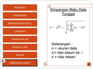 SIMPANGAN KUARTIL
LANGKAH
PAGAR-DALAM
PAGAR-LUAR
HAMPARAN
RENTANG
RAGAM
SIMPANGAN BAKU
8
Simpangan Baku Data
Tunggal
Keterangan :
n = ukuran data
xi= nilai datum ke- i
x = nilai rataan
 