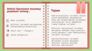Definisi Operasional mencakup
penjelasan tentang :
Nama variabel
Definisi variabel berdasarkan
konsep/maksud penelitian.
Hasil ukur / Kategori
Skala pengukuran.
Tujuan
Operasionalisasi variabel dibuat
untuk memudahkan pengumpulan
data dan menghindarkan perbedaan
interpretasi serta membatasi
ruang lingkup variabel.
Definisi operasional variabel
merupakan pedoman bagi peneliti
untuk mengukur atau memanipulasi
variabel tersebut.
Operasionalisasi variabel
merupakan proses mengubah
definisi nominal menjadi
definisi operasional.
 