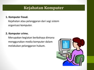 Kejahatan Komputer
1. Komputer fraud.
Kejahatan atau pelanggaran dari segi sistem
organisasi komputer.
2. Komputer crime.
Merupakan kegiatan berbahaya dimana
menggunakan media komputer dalam
melakukan pelanggaran hukum.
 