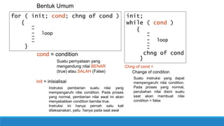 for ( init; cond; chng of cond )
{
--
- loop
---
}
Bentuk Umum
init;
while ( cond )
{
--
- loop
---
chng of cond
}
cond = condition
Suatu pernyataan yang
mengandung nilai BENAR
(true) atau SALAH (False)
init = inisialisai
Instruksi pemberian suatu nilai yang
mempengaruhi nilai condition. Pada proses
yang normal, pemberian nilai awal ini akan
menyebabkan condition bernilai true.
Instruksi ini hanya pernah satu kali
dilaksanakan, yaitu hanya pada saat awal
Chng of cond =
Change of condition
Suatu instruksi yang dapat
mempengaruhi nilai condition.
Pada proses yang normal,
perubahan nilai disini suatu
saat akan membuat nilai
condition = false
 