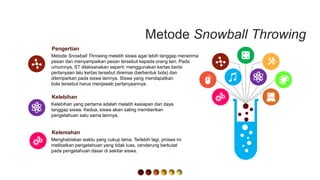 Metode Snowball Throwing
Pengertian
Metode Snowball Throwing melatih siswa agar lebih tanggap menerima
pesan dan menyampaikan pesan tersebut kepada orang lain. Pada
umumnya, ST dilaksanakan seperti: menggunakan kertas berisi
pertanyaan lalu kertas tersebut diremas (berbentuk bola) dan
dilemparkan pada siswa lainnya. Siswa yang mendapatkan
bola tersebut harus menjawab pertanyaannya.
Kelebihan
Kelebihan yang pertama adalah melatih kesiapan dan daya
tanggap siswa. Kedua, siswa akan saling memberikan
pengetahuan satu sama lainnya.
Kelemahan
Menghabiskan waktu yang cukup lama. Terlebih lagi, proses ini
melibatkan pengetahuan yang tidak luas, cenderung berkutat
pada pengetahuan dasar di sekitar siswa.
 