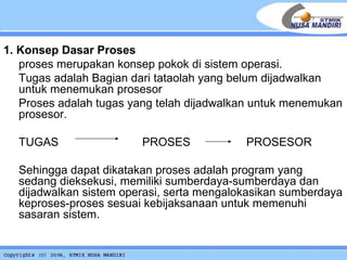 1. Konsep Dasar Proses  proses merupakan konsep pokok di sistem operasi. Tugas adalah Bagian dari tataolah yang belum dijadwalkan untuk menemukan prosesor Proses adalah tugas yang telah dijadwalkan untuk menemukan prosesor. TUGAS   PROSES PROSESOR Sehingga dapat dikatakan proses adalah program yang sedang dieksekusi, memiliki sumberdaya-sumberdaya dan dijadwalkan sistem operasi, serta mengalokasikan sumberdaya keproses-proses sesuai kebijaksanaan untuk memenuhi sasaran sistem. 