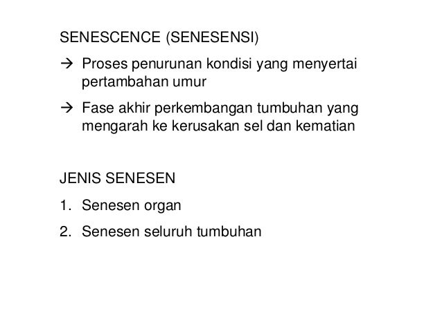 SENESCENCE (SENESENSI) Proses penurunan kondisi yang menyertai pertambahan umur Fase akhir perkembangan tumbuhan yang ...