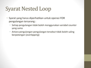 Syarat Nested Loop
• Syarat yang harus diperhatikan untuk operasi FOR
pengulangan tersarang :
• Setiap pengulangan tidak boleh menggunakan variabel counter
yang sama
• Antara pengulangan-pengulangan tersebut tidak boleh saling
berpotongan (overlapping)
 