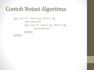 Contoh Notasi Algoritma
for var1  awal1 to akhir1 do
[pernyataan]
for var2  awal2 to akhir2 do
[pernyataan]
endfor
endfor
 