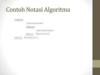 Contoh Notasi Algoritma
repeat
[pernyataan]
repeat
[pernyataan]
until [kondisi2]
until [kondisi1]
 