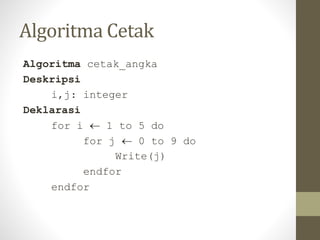 Algoritma Cetak
Algoritma cetak_angka
Deskripsi
i,j: integer
Deklarasi
for i  1 to 5 do
for j  0 to 9 do
Write(j)
endfor
endfor
 