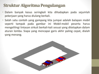 Struktur AlgoritmaPengulangan
• Dalam banyak kasus seringkali kita dihadapkan pada sejumlah
pekerjaan yang harus diulang berkali.
• Salah satu contoh yang gampang kita jumpai adalah balapan mobil
seperti tampak pada gambar ini Mobil-mobil peserta harus
mengelilingi lintasan sirkuit berkali-kali sesuai yang ditetapkan dalam
aturan lomba. Siapa yang mencapai garis akhir paling cepat, dialah
yang menang.
 