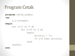 Program Cetak
program cetak_angka;
var
i,j:integer;
begin
for i:=1 to 5 do
for j:=0 to 9 do
begin
write(j,‘ ‘);
if j=9 then writeln;
end;
readln;
end.
 