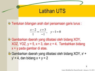 Latest Modified by Hazrul Iswadi – Januar y 31, 2011
Latihan UTS
Tentukan bilangan arah dari persamaan garis lurus :
Gambarkan daerah yang dibatasi oleh bidang XOY,
XOZ, YOZ, y = 5, x = 3, dan z = 4. Tambahkan bidang
x = y pada gambar di atas.
Gambarkan daerah yang dibatasi oleh bidang XOY, x2
+
y2
= 4, dan bidang x + y = 2
9
01,
1
3
1
2
=−
−
+
=
−
y
zx
 
