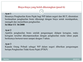 Biaya-biaya yang boleh dikurangkan (pasal 6)
                                     10
  Ayat 1
  Besarnya Penghasilan Kena Pajak bagi WP dalam negeri dan BUT, ditentukan
  berdasarkan penghasilan bruto dikurangi dengan biaya untuk mendapatkan,
  menagih dan memelihara penghasilan.
  Isi lihat UU 36/2008

  Ayat 2
  Apabila penghasilan bruto setelah pengurangan didapat kerugian, maka
  kerugian tersebut dikompensasikan dengan penghasilan mulai tahun pajak
  berikutnya berturut-turut sampai dengan 5 tahun.

  Ayat 3
  Kepada Orang Pribadi sebagai WP dalam negeri diberikan pengurangan
  berupa Penghasilan Tidak Kena Pajak (PTKP)



Meiriska                                                             6/6/2012
 