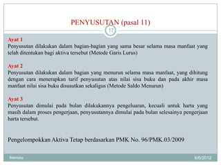 PENYUSUTAN (pasal 11)
                                          17
Ayat 1
Penyusutan dilakukan dalam bagian-bagian yang sama besar selama masa manfaat yang
telah ditentukan bagi aktiva tersebut (Metode Garis Lurus)

Ayat 2
Penyusutan dilakukan dalam bagian yang menurun selama masa manfaat, yang dihitung
dengan cara menerapkan tarif penyusutan atas nilai sisa buku dan pada akhir masa
manfaat nilai sisa buku disusutkan sekaligus (Metode Saldo Menurun)

Ayat 3
Penyusutan dimulai pada bulan dilakukannya pengeluaran, kecuali untuk harta yang
masih dalam proses pengerjaan, penyusutannya dimulai pada bulan selesainya pengerjaan
harta tersebut.


Pengelompokkan Aktiva Tetap berdasarkan PMK No. 96/PMK.03/2009

Meiriska                                                                       6/6/2012
 