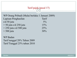 Tarif pajak (pasal 17)
                                22


WP Orang Pribadi (Mulai berlaku 1 Januari 2009)
Lapisan Penghasilan                Tarif
s/d 50 juta                         5%
> 50 juta s/d 250 juta             15%
> 250 juta s/d 500 juta            25%
> 500 juta                         30%

WP Badan
Tarif tunggal 28% Tahun 2009
Tarif Tunggal 25% tahun 2010



Meiriska                                          6/6/2012
 