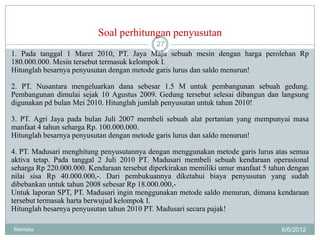 Soal perhitungan penyusutan
                                            27
1. Pada tanggal 1 Maret 2010, PT. Jaya Maju sebuah mesin dengan harga perolehan Rp
180.000.000. Mesin tersebut termasuk kelompok I.
Hitunglah besarnya penyusutan dengan metode garis lurus dan saldo menurun!

2. PT. Nusantara mengeluarkan dana sebesar 1.5 M untuk pembangunan sebuah gedung.
Pembangunan dimulai sejak 10 Agustus 2009. Gedung tersebut selesai dibangun dan langsung
digunakan pd bulan Mei 2010. Hitunglah jumlah penyusutan untuk tahun 2010!

3. PT. Agri Jaya pada bulan Juli 2007 membeli sebuah alat pertanian yang mempunyai masa
manfaat 4 tahun seharga Rp. 100.000.000.
Hitunglah besarnya penyusutan dengan metode garis lurus dan saldo menurun!

4. PT. Madusari menghitung penyusutannya dengan menggunakan metode garis lurus atas semua
aktiva tetap. Pada tanggal 2 Juli 2010 PT. Madusari membeli sebuah kendaraan operasional
seharga Rp 220.000.000. Kendaraan tersebut diperkirakan memiliki umur manfaat 5 tahun dengan
nilai sisa Rp 40.000.000,-. Dari pembukuannya diketahui biaya penyusutan yang sudah
dibebankan untuk tahun 2008 sebesar Rp 18.000.000,-
Untuk laporan SPT, PT. Madusari ingin menggunakan metode saldo menurun, dimana kendaraan
tersebut termasuk harta berwujud kelompok I.
Hitunglah besarnya penyusutan tahun 2010 PT. Madusari secara pajak!

Meiriska                                                                           6/6/2012
 