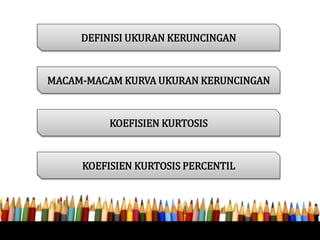 DEFINISI UKURAN KERUNCINGAN
MACAM-MACAM KURVA UKURAN KERUNCINGAN
KOEFISIEN KURTOSIS
KOEFISIEN KURTOSIS PERCENTIL