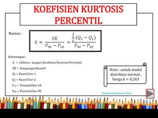 Rumus :
KOEFISIEN KURTOSIS
PERCENTIL
Note : untuk model
distribusi normal ,
harga k = 0,263
Makalah pertemuan 7.docx