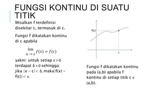 FUNGSI KONTINU DI SUATU
TITIK
Misalkan f terdefinisi
disekitar c, termasuk di c.
Fungsi f dikatakan kontinu
di c apabila
lim
x → c
𝑓(𝑥) = 𝑓(𝑐)
yakni: untuk setiap ε > 0
terdapat δ > 0 sehingga:
jika |x – c|< δ, maka|f(x) –
f(c)|< ε.
Fungsi f dikatakan kontinu
pada (a,b) apabila f
kontinu di setiap titik c є
(a,b).
 
