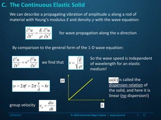 C.  The Continuous Elastic Solidfor wave propagation along the x-directionSo the wave speed is independent of wavelength for an elastic medium!we find that          is called the dispersion relation of the solid, and here it is linear (no dispersion!)group velocityWe can describe a propagating vibration of amplitude u along a rod of material with Young’s modulus E and density  with the wave equation:By comparison to the general form of the 1-D wave equation:07/03/201113©  2010 Universitas Negeri Jakarta   |  www.unj.ac.id                      |