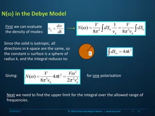Since the solid is isotropic, all directions in k-space are the same, so the constant  surface is a sphere of radius k, and the integral reduces to:Giving:for one polarizationN() in the Debye ModelFirst we can evaluate the density of modes:Next we need to find the upper limit for the integral over the allowed range of frequencies. 07/03/201123©  2010 Universitas Negeri Jakarta   |  www.unj.ac.id                      |