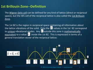 The Wigner-Seitz cell can be defined for any kind of lattice (direct or reciprocal space), but the WS cell of the reciprocal lattice is also called the 1st Brillouin Zone.The 1st BZ is the region in reciprocal space containing all information about the lattice vibrations of the solid.  Only the       values in the 1st  BZ correspond to unique vibrational modes.  Any      outside this zone is mathematically equivalent to a value        inside the 1st BZ.  This is expressed in terms of a general translation vector of the reciprocal lattice:1st Brillouin Zone--Definition07/03/201134©  2010 Universitas Negeri Jakarta   |  www.unj.ac.id                      |