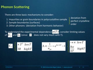 deviation from perfect crystalline orderTo understand the experimental dependence            , consider limiting values of          and        (since           does not vary much with T).Phonon ScatteringThere are three basic mechanisms to consider:1. Impurities or grain boundaries in polycrystalline sample2. Sample boundaries (surfaces)3. Other phonons  (deviation from harmonic behavior)07/03/201141©  2010 Universitas Negeri Jakarta   |  www.unj.ac.id                      |