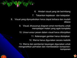 Ham
&
Ham
6. Hindari visual yang tak berimbang
7. Tekankan kejelesan dan ketepatan
8. Visual yang diproyeksikan harus dapat terbaca dan mudah
dibaca
9. Visual, khususnya diagram amat membantu untuk
mempelajari materi yang agak kompleks
10. Unsur-unsur pesan dalam visual harus ditonjolkan
11. Keterangan gambar harus disisipkan
12. Warna harus digunakan secara realistik
13. Warna dan pemberian bayangan digunakan untuk
mengarahkan perhatian dan membedakan komponen-
komponen
 