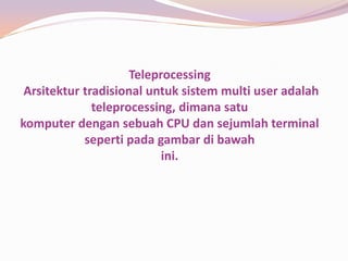 Teleprocessing
 Arsitektur tradisional untuk sistem multi user adalah
              teleprocessing, dimana satu
komputer dengan sebuah CPU dan sejumlah terminal
            seperti pada gambar di bawah
                           ini.
 