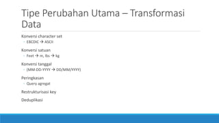 Tipe Perubahan Utama – Transformasi
Data
Konversi character set
◦ EBCDIC  ASCII
Konversi satuan
◦ Feet  m, lbs  kg
Konversi tanggal
◦ (MM-DD-YYYY  DD/MM/YYYY)
Peringkasan
◦ Query agregat
Restrukturisasi key
Deduplikasi
 