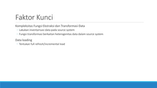 Faktor Kunci
Kompleksitas Fungsi Ekstraksi dan Transformasi Data
◦ Lakukan inventarisasi data pada source system
◦ Fungsi transformasi berkaitan heterogenitas data dalam source system
Data loading
◦ Tentukan full refresh/incremental load
 
