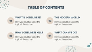 TABLE OF CONTENTS
Here you could describe the
topic of the section
WHAT IS LONELINESS?
01
Here you could describe the
topic of the section
HOW LONELINESS KILLS
03
Here you could describe the
topic of the section
THE MODERN WORLD
02
Here you could describe the
topic of the section
WHAT CAN WE DO?
04
 