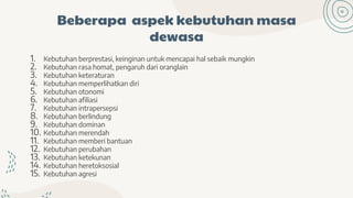 Beberapa aspek kebutuhan masa
dewasa
1. Kebutuhan berprestasi, keinginan untuk mencapai hal sebaik mungkin
2. Kebutuhan rasa homat, pengaruh dari oranglain
3. Kebutuhan keteraturan
4. Kebutuhan memperlihatkan diri
5. Kebutuhan otonomi
6. Kebutuhan afiliasi
7. Kebutuhan intrapersepsi
8. Kebutuhan berlindung
9. Kebutuhan dominan
10. Kebutuhan merendah
11. Kebutuhan memberi bantuan
12. Kebutuhan perubahan
13. Kebutuhan ketekunan
14. Kebutuhan heretoksosial
15. Kebutuhan agresi
 
