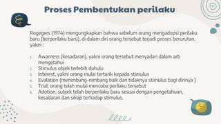 Proses Pembentukan perilaku
Rogegers (1974) mengungkapkan bahwa sebelum orang mengadopsi perilaku
baru (berperilaku baru), di dalam diri orang tersebut terjadi proses berurutan,
yakni :
1. Awarness (kesadaran), yakni orang tersebut menyadari dalam arti
mengetahui
2. Stimulus objek terlebih dahulu
3. Interest, yakni orang mulai tertarik kepada stimulus
4. Evalation (menimbang-nimbang baik dan tidaknya stimulus bagi dirinya )
5. Trial, orang telah mulai mencoba perilaku tersebut
6. Adotion, subjek telah berperilaku baru sesuai dengan pengetahuan,
kesadaran dan sikap terhadap stimulus.
 