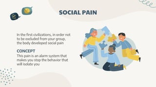 SOCIAL PAIN
In the first civilizations, in order not
to be excluded from your group,
the body developed social pain
CONCEPT
This pain is an alarm system that
makes you stop the behavior that
will isolate you
 