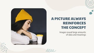 A PICTURE ALWAYS
REINFORCES
THE CONCEPT
Images reveal large amounts
of data and meanings
 