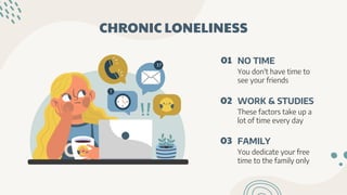CHRONIC LONELINESS
NO TIME
You don't have time to
see your friends
WORK & STUDIES
These factors take up a
lot of time every day
FAMILY
You dedicate your free
time to the family only
01
02
03
 