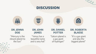 DISCUSSION
“Mercury is the
closest planet to
the Sun”
DR. JENNA
DOE
“Venus has a
beautiful name
and is very hot”
DR. JOHN
JAMES
“Saturn planet is
a gas giant
of hydrogen”
DR. DANIEL
POTTER
“It’s a gas giant
and also the
biggest planet”
DR. ROBERTA
BLAESE
 