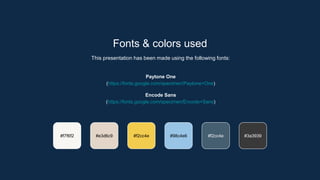 Fonts & colors used
This presentation has been made using the following fonts:
Paytone One
(https://fonts.google.com/specimen/Paytone+One)
Encode Sans
(https://fonts.google.com/specimen/Encode+Sans)
#e3d6c9 #f2cc4e #98c4e6
#f7f6f2 #f2cc4e #3a3939
 
