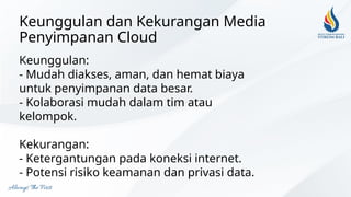 Keunggulan dan Kekurangan Media
Penyimpanan Cloud
Keunggulan:
- Mudah diakses, aman, dan hemat biaya
untuk penyimpanan data besar.
- Kolaborasi mudah dalam tim atau
kelompok.
Kekurangan:
- Ketergantungan pada koneksi internet.
- Potensi risiko keamanan dan privasi data.
 