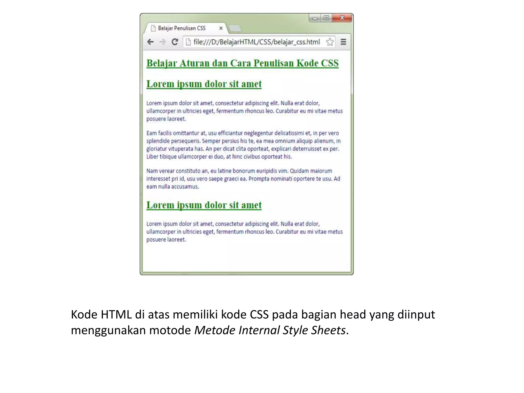 Kode HTML di atas memiliki kode CSS pada bagian head yang diinput
menggunakan motode Metode Internal Style Sheets.
 