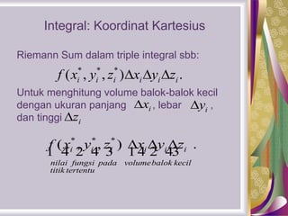 Integral: Koordinat Kartesius
Riemann Sum dalam triple integral sbb:
Untuk menghitung volume balok-balok kecil
dengan ukuran panjang , lebar ,
dan tinggi
* * *
( , , ) .i i i i i if x y z x y z  
* * *
( , , ) .i i i i i i
nilai fungsi pada volumebalok kecil
titik tertentu
f x y z x y z  
1 4 2 4 3 14 2 43
ix iy
iz
 