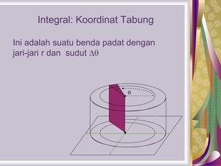 Integral: Koordinat Tabung

Ini adalah suatu benda padat dengan
jari-jari r dan sudut 
 