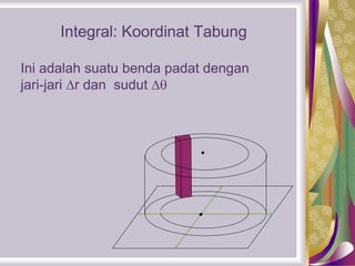 Ini adalah suatu benda padat dengan
jari-jari r dan sudut 
Integral: Koordinat Tabung
 