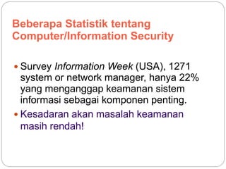 Beberapa Statistik tentang
Computer/Information Security
 Survey Information Week (USA), 1271
system or network manager, hanya 22%
yang menganggap keamanan sistem
informasi sebagai komponen penting.
 Kesadaran akan masalah keamanan
masih rendah!
 