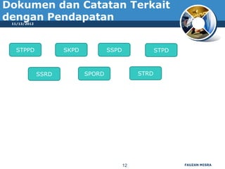 Dokumen dan Catatan Terkait
dengan Pendapatan
 11/13/2012




   STPPD             SKPD           SSPD               STPD



              SSRD          SPORD               STRD




                                           12                 FAUZAN MISRA
 