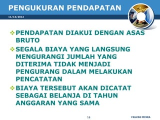 PENGUKURAN PENDAPATAN
11/13/2012




PENDAPATAN DIAKUI DENGAN ASAS
 BRUTO
SEGALA BIAYA YANG LANGSUNG
 MENGURANGI JUMLAH YANG
 DITERIMA TIDAK MENJADI
 PENGURANG DALAM MELAKUKAN
 PENCATATAN
BIAYA TERSEBUT AKAN DICATAT
 SEBAGAI BELANJA DI TAHUN
 ANGGARAN YANG SAMA

                 14       FAUZAN MISRA
 