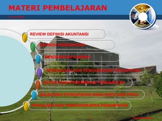 MATERI PEMBELAJARAN
11/13/2012




             REVIEW DEFINISI AKUNTANSI

                 DEFINISI PENDAPATAN


                   PENDAPATAN DAERAH


                   PENGAKUAN DAN PENGUKURAN PENDAPATAN


                  KETENTUAN PENERIMAAN PENDAPATAN


                 AKUNTANSI PENDAPATAN PADA SKPD DAN PPKD

             PENYAJIAN DAN PENGUNGKAPAN PENDAPATAN


                                         2           FAUZAN MISRA
 