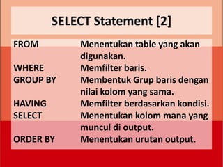 SELECT Statement [2]
FROM         Menentukan table yang akan
             digunakan.
WHERE        Memfilter baris.
GROUP BY     Membentuk Grup baris dengan
             nilai kolom yang sama.
HAVING       Memfilter berdasarkan kondisi.
SELECT       Menentukan kolom mana yang
             muncul di output.
ORDER BY     Menentukan urutan output.
 