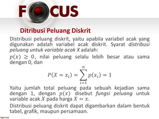 Ditribusi Peluang Diskrit
Distribusi peluang diskrit, yaitu apabila variabel acak yang
digunakan adalah variabel acak diskrit. Syarat distribusi
peluang untuk variable acak X adalah:
𝑝(𝑥) ≥ 0, nilai peluang selalu lebih besar atau sama
dengan 0, dan
𝑃 𝑋 = 𝑥𝑖 =
𝑖=1
𝑛
𝑝 𝑥𝑖 = 1
Yaitu jumlah total peluang pada sebuah kejadian sama
dengan 1, dengan 𝑝(𝑥) disebut fungsi peluang untuk
variable acak 𝑋 pada harga 𝑋 = 𝑥.
Distribusi peluang diskrit dapat digambarkan dalam bentuk
tabel, grafik, maupun persamaan.
 